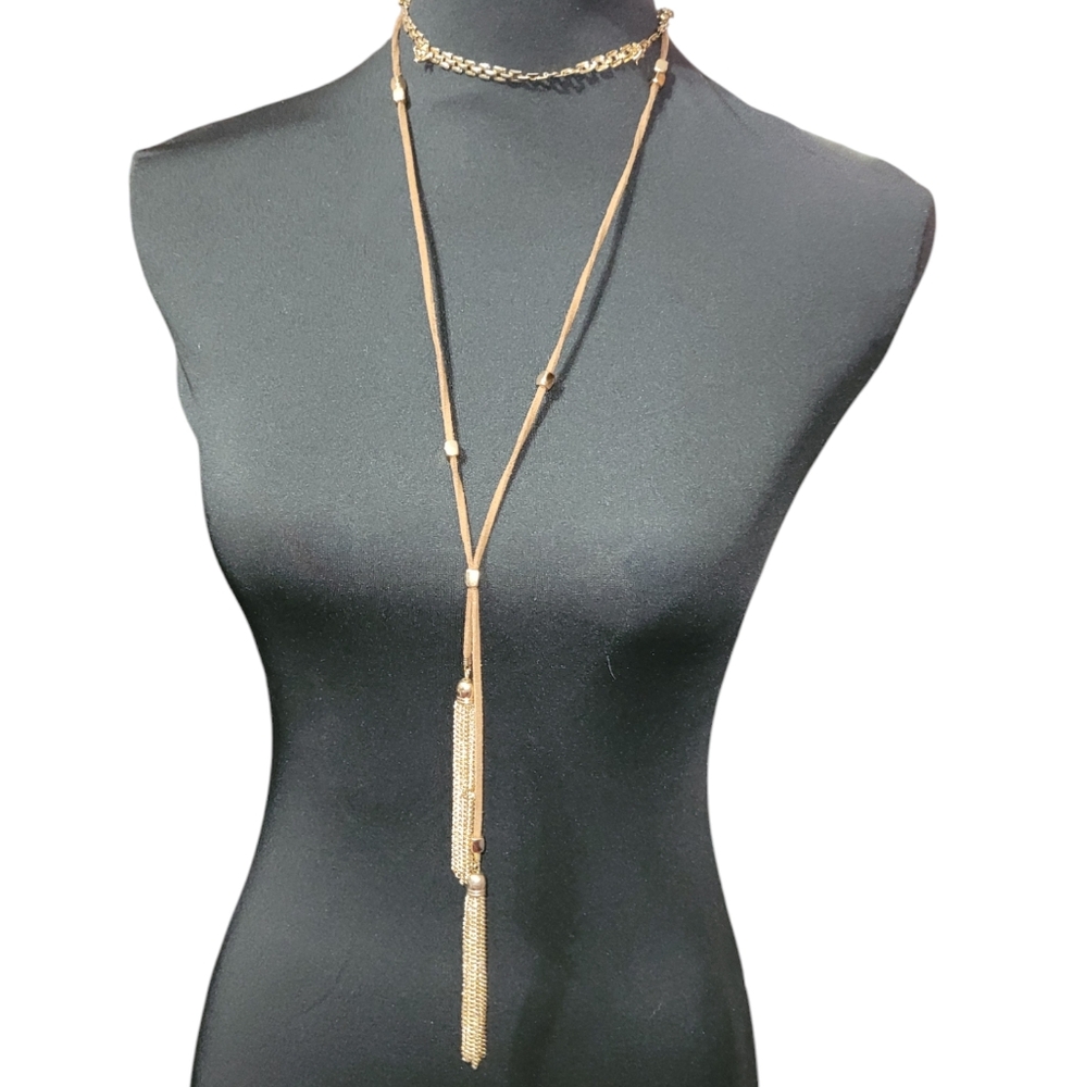 Brown and gold choker layered necklace with adjustable clasp closure
